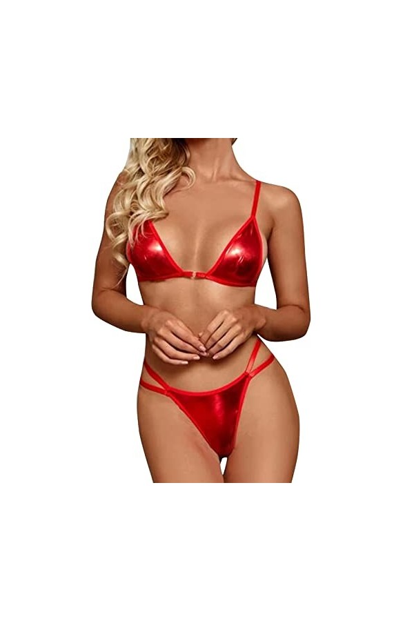 GilRu Dames en Cuir Trois Points Bikini Lingerie Sexy Creux Deux pièces Costume érotique Lingerie Pyjama Femmes Sexy Red, L 
