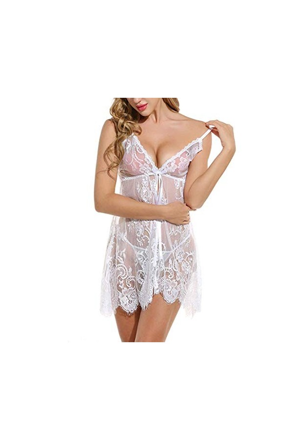 CreoQIJI Ensemble de lingerie sexy en dentelle pour femme, Blanc., XXL