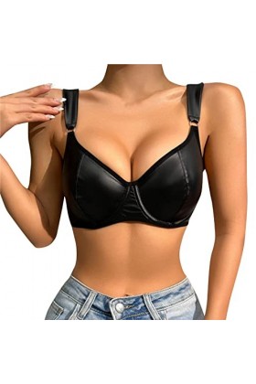 Dinnesis Lingerie de Noël pour femme en PU avec boucle à lanières - Soutien-gorge - Bralette push-up sexy, Noir , S
