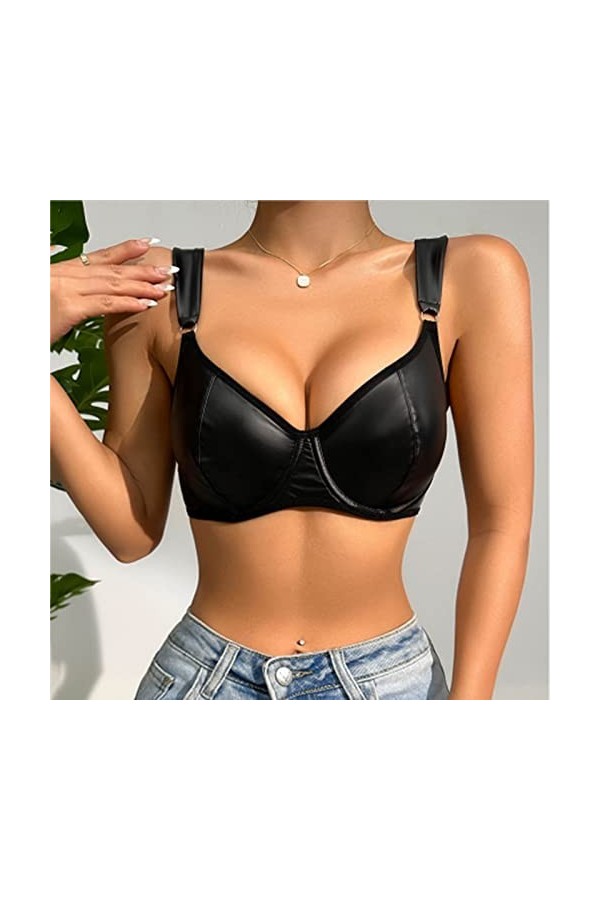 Dinnesis Lingerie de Noël pour femme en PU avec boucle à lanières - Soutien-gorge - Bralette push-up sexy, Noir , XL