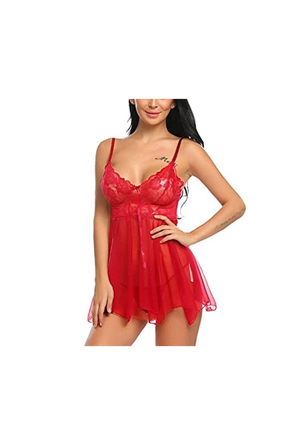 Jiabing Femme Dentelle Dentelle Sexy Femme Voir à Travers la Chemise de Nuit Fendue sur Le Devant Corset Sexy Ouvert Black, 