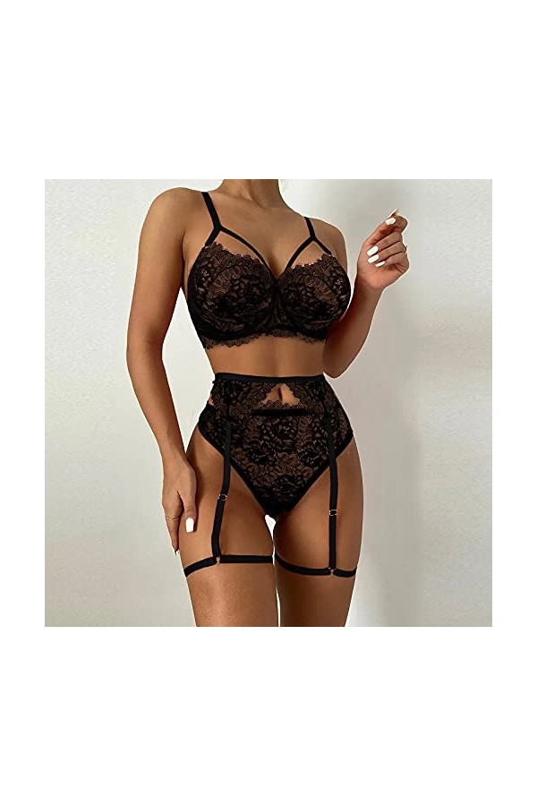 Ensemble Lingerie Femme Sexy Chic Dentelle Cuisse Jarretière Ensemble de Soutien-Gorge et de Culottes Sexy à Bretelles Stretc