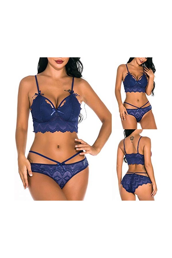 Ensemble de lingerie sexy pour femme - Rouge - Dentelle - Jarretière - Sans manches - Sous-vêtements - Culotte - Ensemble de 