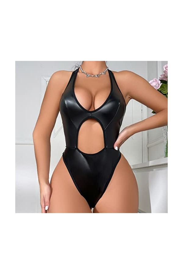 Licol Lingerie Femme pour Sexe Laque et Cuir Bodysuit Sensuel Combinaison Pyjama Imprimé Bretelles Creuses Casual Bandes Shor