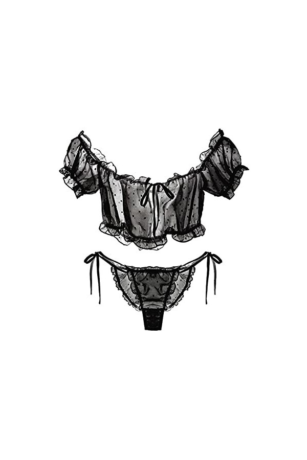 NHNKB String pour femme - String 2 pièces - Robe de nuit - Sous-vêtements - Dentelle - Lingerie pour femme, Noir , Taille uni
