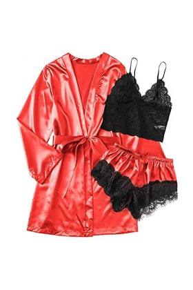 Chemise de nuit pour femme - Col en V - Satin - Slip intégral - Décoration en dentelle - Robe de nuit - Lingerie avec détails