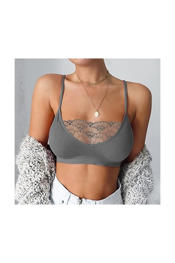 Brassière sexy pour femme avec cage élastique en dentelle, gris, L