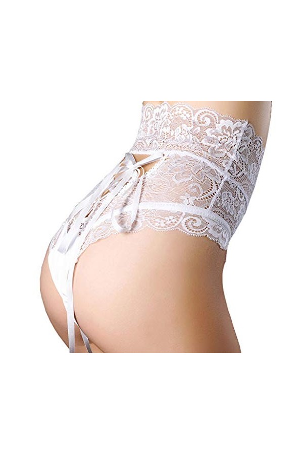 BIISDOST Culotte nouée Taille Haute en Dentelle Creuse Sexy pour Femmes Ouverte Entrejambe White, M 