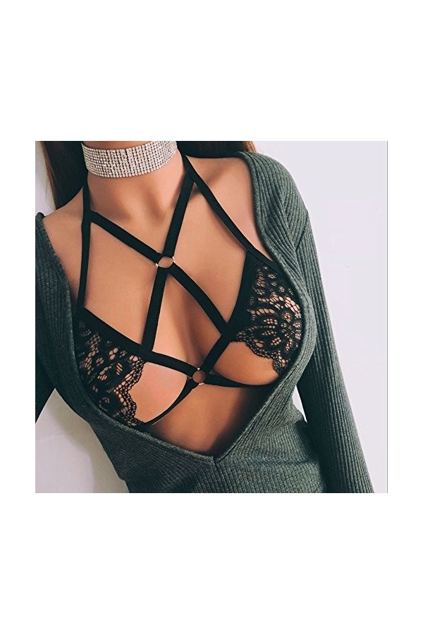 Junhasgood Femmes Corps Harnais Pentagramme Femmes Strappy Sexy Cage Soutien-Gorge Bra Bandage Halter Out Appliques Elastic H