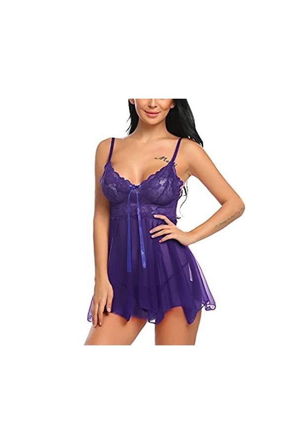 Jiabing Femme Dentelle Dentelle Sexy Femme Voir à Travers la Chemise de Nuit Fendue sur Le Devant Corset Sexy Ouvert Purple,