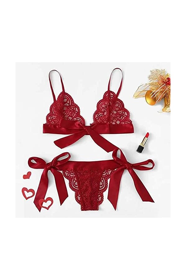 TDEOK Robe de chambre sexy en dentelle pour femme - Soutien-gorge Jacques - Nœud latéral, rouge, XL