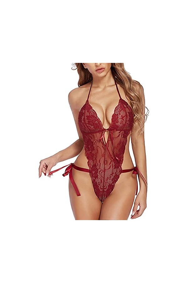 Lingerie Body String Femme Dentelle Florale Lingerie en Maille Serrée Sexy Sans Monture Body avec Collier, Rose, S