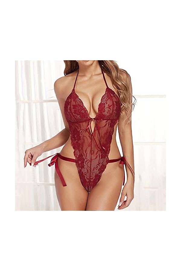 Lingerie Body String Femme Dentelle Florale Lingerie en Maille Serrée Sexy Sans Monture Body avec Collier, Rose, S