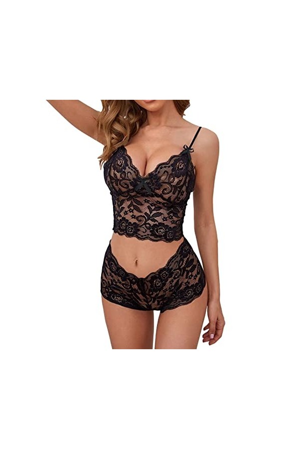 liaddkv Lot de 2 pyjamas sexy en dentelle florale pour femme - Taille haute - Soutien-gorge et culotte, Noir , M
