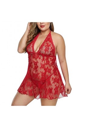 Luckywaqng Lingerie sexy en dentelle sexy pour femme avec décolleté, rouge, XXL