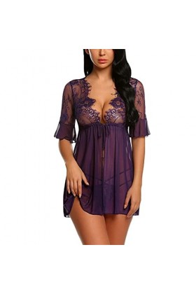 Pyjama chemise de nuit pour femme - Robe de nuit sexy - Col en V - Pyjama en dentelle - Robe de nuit - Lingerie spaghetti - B