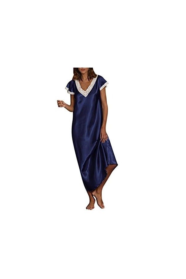 HANXIULIN Pyjama pour femme - Col en V - Chemise de nuit sexy - Robe de nuit pleine de slips - Coupe ajustée - Bretelles spag