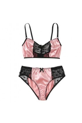 Luckywaqng Mini jupe sexy mode satin sous-vêtements sous-vêtements dentelle sexy pyjama en soie string lingerie femme, Rose, 