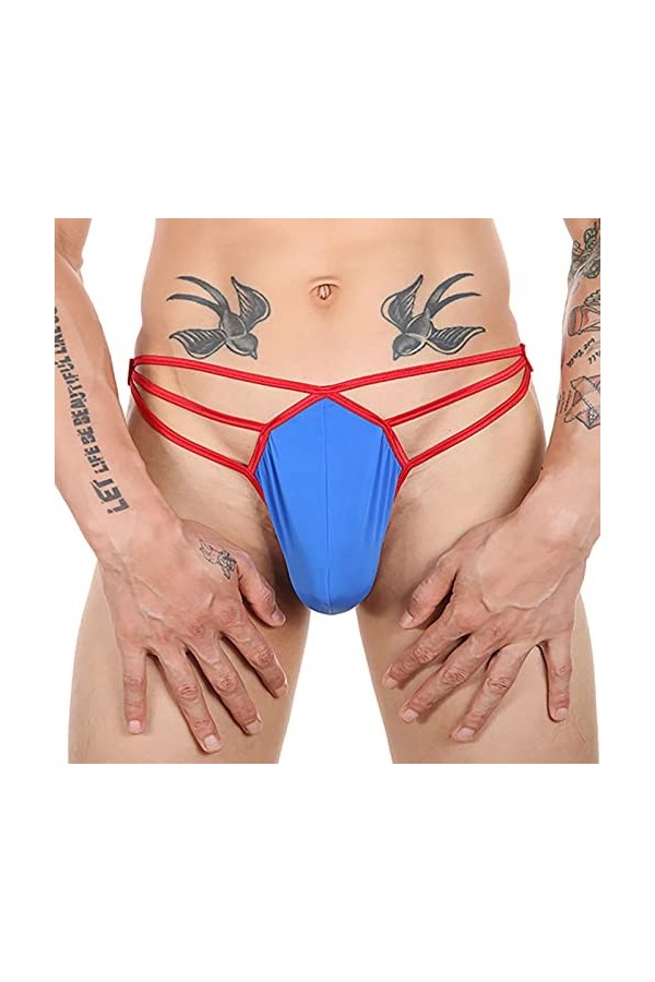 Générique Lingerie Homme Sexy Hot Slip pour Homme Taille Basse Fesse exposée String en Soie de Glace évidé Grande Poche Panta