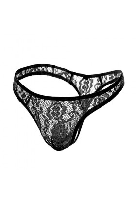Sulifor String Sexy pour Hommes avec Dentelle Taille Basse Transparente Voir à Travers des sous-vêtements Sexy Nuisette Sexy 
