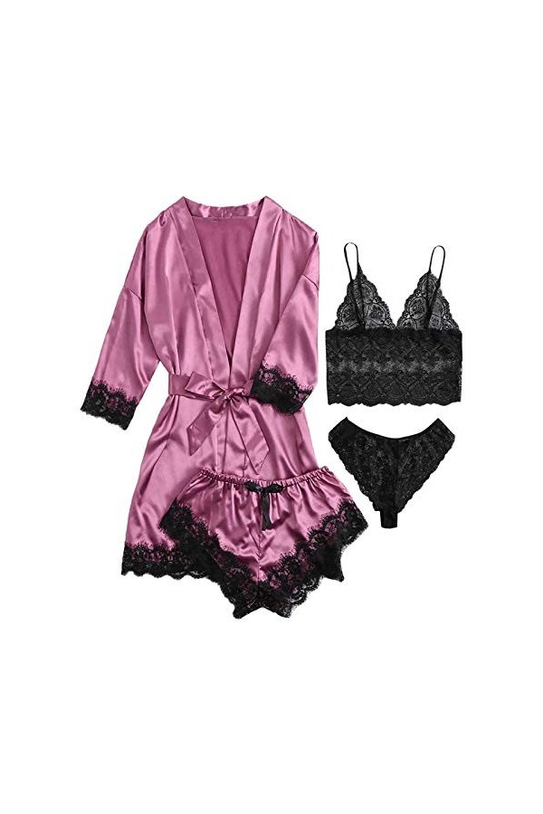 Peignoirs Femme Kimono - Manches 3/4 Satin Robe De Chambre Bridal 4 Pièces Vêtements De Nuit Mit Oblique Col V Court Chemise 