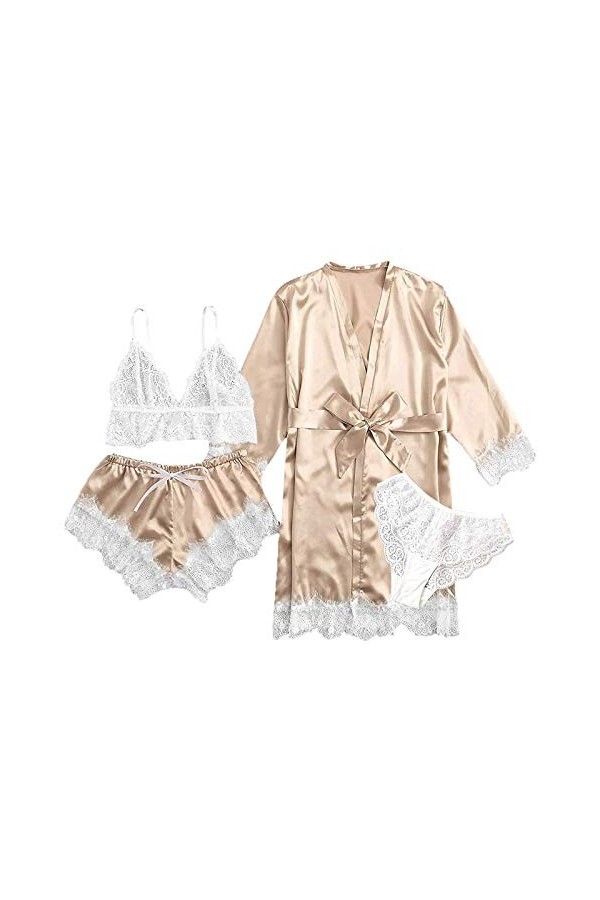 Peignoirs Femme Kimono - Manches 3/4 Satin Robe De Chambre Bridal 4 Pièces Vêtements De Nuit Mit Oblique Col V Court Chemise 