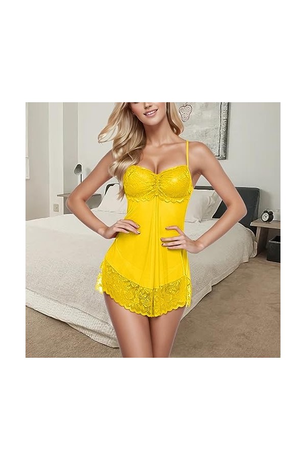 Lingerie Sexy Femme Coquine Hot Grande Taille Robe de Nuit Sexy en Maille de Dentelle pour Femme Combinaison Pyjama Sexy Yel