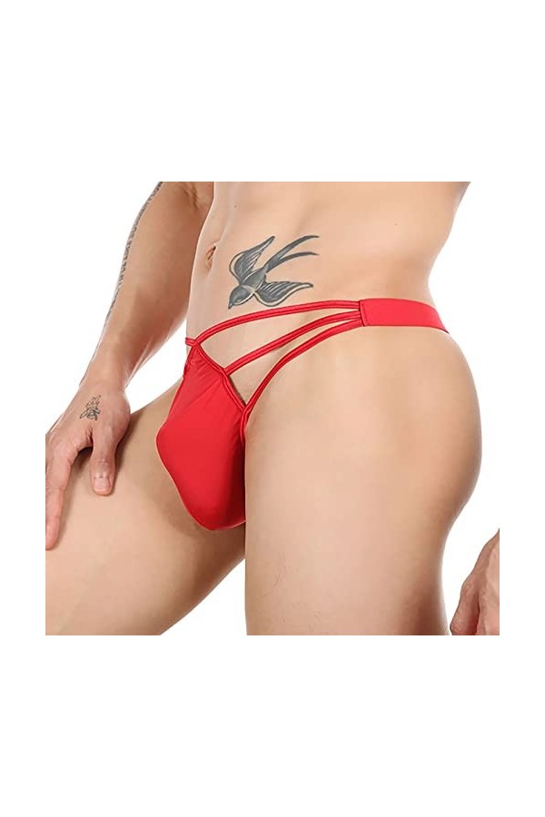 Générique Lingerie Homme Sexy Hot Slip pour Homme Taille Basse Fesse exposée String en Soie de Glace évidé Grande Poche Panta