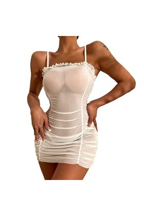 Robe plissée à volants pour femme - Robe en maille transparente - Culottes avec pantalon string - Haut décontracté - Robe tra