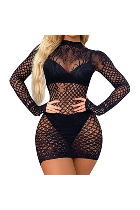 Lingerie Femme Sexy Ensemble Homme Sexy Hot y26k Pyjama Transparent Femme sous-Vêtements Maille Manches Longues Sexy Robe Dos