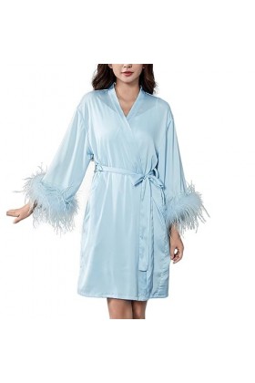 RUHANE Femmes Sexy Lingerie Kimono Robe Imitation Soie Sheer Babydoll Nightgowns Blanc Chemise de Nuit avec épissure de Plume