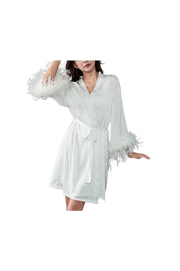 RUHANE Femmes Sexy Lingerie Kimono Robe Imitation Soie Sheer Babydoll Nightgowns Blanc Chemise de Nuit avec épissure de Plume