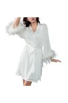 RUHANE Femmes Sexy Lingerie Kimono Robe Imitation Soie Sheer Babydoll Nightgowns Blanc Chemise de Nuit avec épissure de Plume