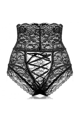 BIISDOST Culotte nouée Taille Haute en Dentelle Creuse Sexy pour Femmes Ouverte Entrejambe Black, L 