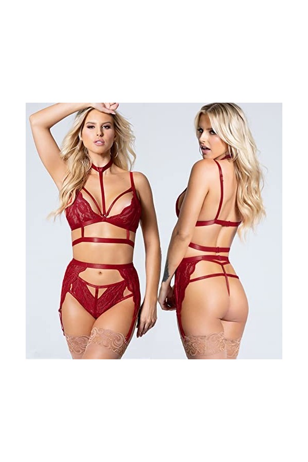 Lingerie Sexy Femme Coquine Dentelle Cuisse Jarretière Ensemble de Soutien-Gorge et de Culottes Sexy à Bretelles Stretch Fend