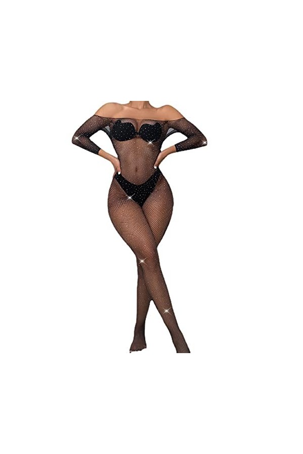 Générique Femme Sexy Bodystocking Résille Combinaison sous-vêtements Amusants en Maille serrée Noire Sexy pour Femmes Dentell