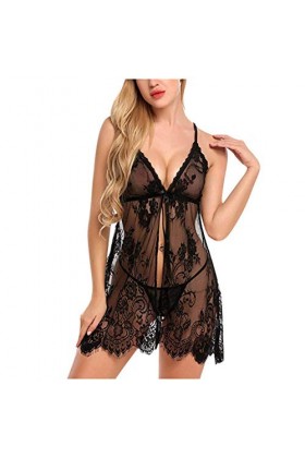 YANFJHV Sous-vêtements Femmes Sous-vêtements Sexy Dentelle Cils Vêtements de Nuit Robe de Nuit Mini Lingerie, Noir , S