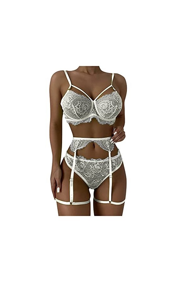 Ensemble Lingerie Femme Sexy Chic Dentelle Cuisse Jarretière Ensemble de Soutien-Gorge et de Culottes Sexy à Bretelles Stretc