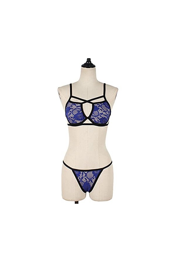liaddkv Cage creuse Bustier Cage séduisante Soutien-gorge élastique Ensemble sans bretelles Femmes Lingerie Coupe E, bleu, L