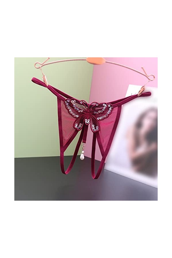 sous-vêtements Sexy Taille Basse caleçon Ouvert Coupe Perle Massage String Culottes Wine, One Size 