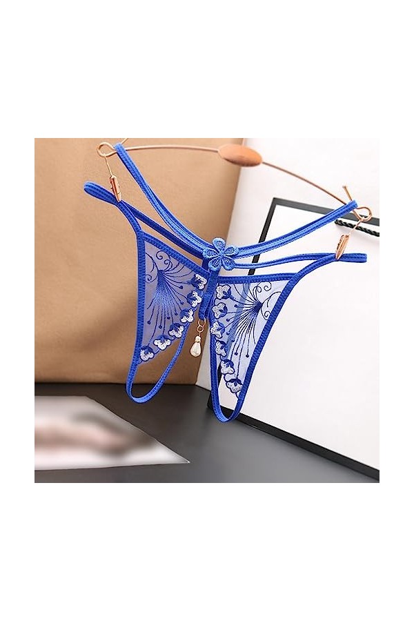 sous-vêtements Creuse Sexy Taille Basse Culotte Ouverte Perle Massage String Culottes Blue, One Size 