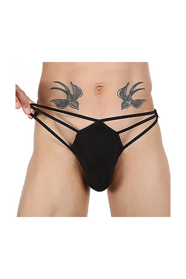 Générique Lingerie Homme Sexy Hot Slip pour Homme Taille Basse Fesse exposée String en Soie de Glace évidé Grande Poche Panta