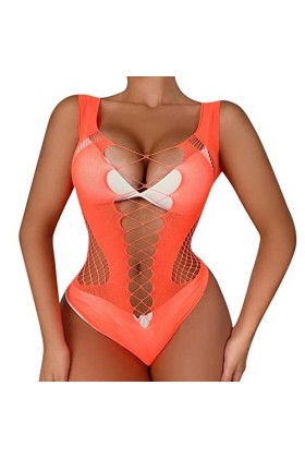 GilRu Mesdames Sexy Lingerie Mesh Transparent Creux Lingerie Érotique Combinaison Lingerie Sexy Vinyle Orange, One Size 