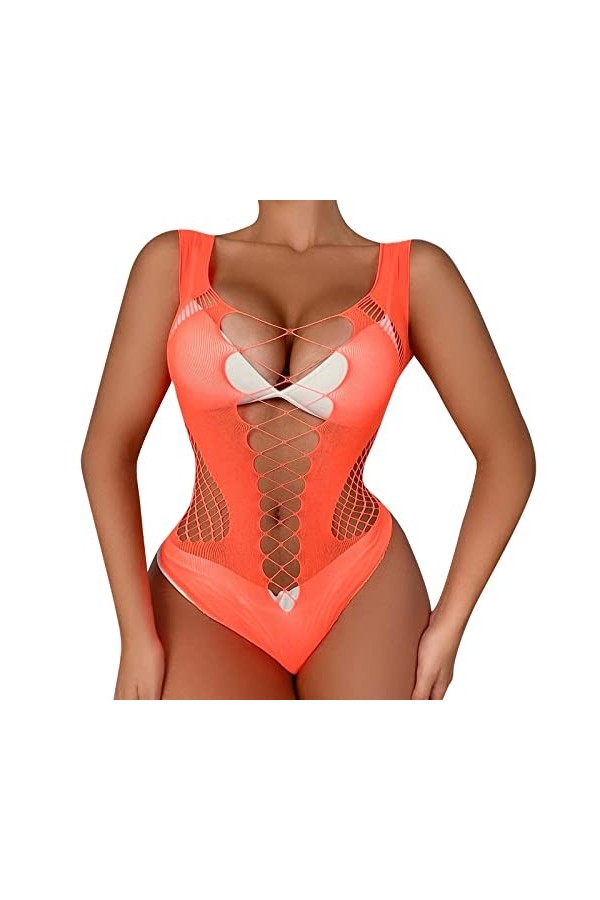 GilRu Mesdames Sexy Lingerie Mesh Transparent Creux Lingerie Érotique Combinaison Lingerie Sexy Vinyle Orange, One Size 