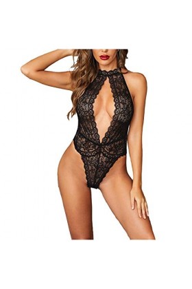TDEOK Lingerie sexy lingerie dentelle à travers Bodysuit femmes sexy Ultrathin Romper Lingerie Sexy Bleu Black, L 
