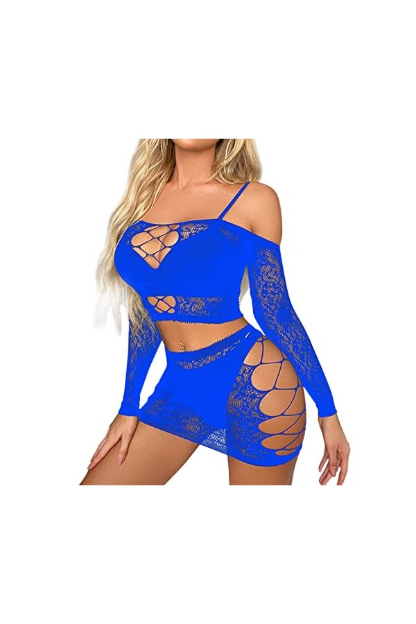 Femmes Sexy Lingerie vêtements de Nuit vêtements de Nuit résille Sheer Ensemble de Lingerie Lingerie Sexy Bustier Blue, One 