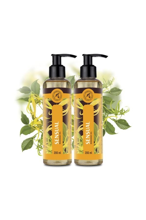Huiles de Massage Sensuel Set - 2x200ml - Mélange dHuiles Essentielles Jojoba - Amande - Ylang Ylang - Bois de Santal - Pamp