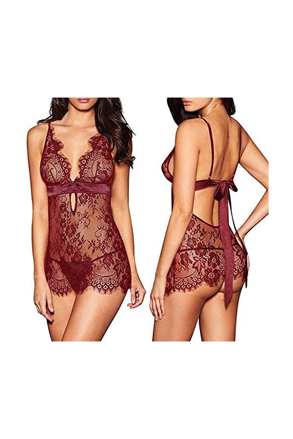 liaddkv Bow-Schwarz Sous-vêtements sexy pour femme Vêtements de nuit Chemise Poupée en dentelle Lingerie sexy Fluo, Bordeaux,