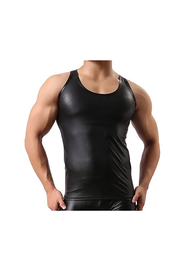 Veste pour homme aspect vernis T-shirt slim fit latex brillant haut sexy en cuir verni avec col montant hippie disco fête clu