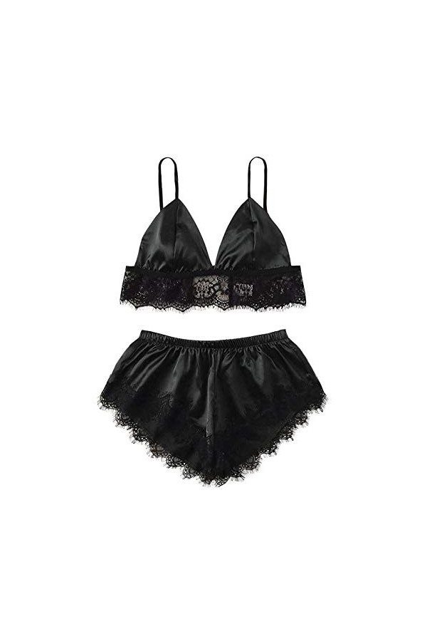 liaddkv Sous-vêtement sexy en dentelle pour dormir, en soie, satin, poitrine ouverte, lingerie, Noir , L